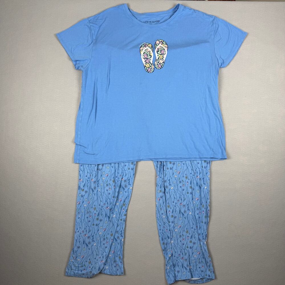 Life Is Good Flower Flips Pajama Set Womens XL Blue Floral Sleepwear